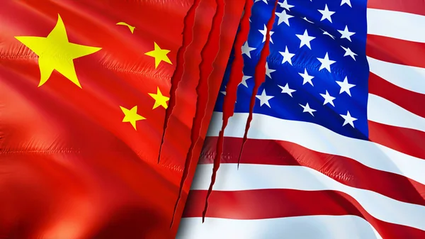 Banderas China Estados Unidos Con Concepto Cicatriz Bandera Ondeante Representación — Foto de Stock