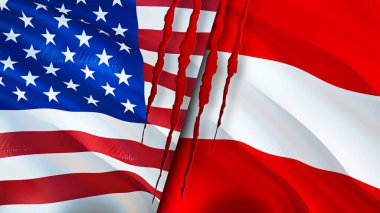 ABD ve Avusturya yara izi kavramına sahip bayraklar. Dalgalanan bayrak, 3 boyutlu görüntüleme. ABD ve Avusturya çatışma konsepti. ABD Avusturya ilişkileri kavramı. ABD ve Avusturya bayrağı kriz, savaş, saldırı konsepti