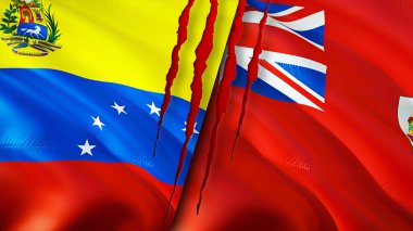 Venezuela ve Bermuda bayrakları yara izi konseptiyle. Dalgalanan bayrak, 3 boyutlu görüntüleme. Venezuela ve Bermuda çatışma konsepti. Venezuela Bermuda ilişkileri kavramı. Venezuela ve Bermuda bayrağı krizi, savaş, attac