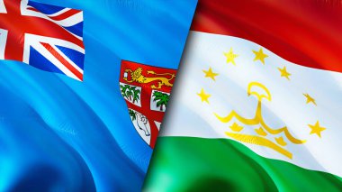Fiji ve Tacikistan bayrakları. 3 boyutlu dalgalanan bayrak tasarımı. Fiji Tacikistan bayrağı, resim, duvar kağıdı. Fiji, Tacikistan 'a karşı, görüntü 3 boyutlu. Fiji Tacikistan ilişkileri ittifak ve ticaret, seyahat, turizm konsepti