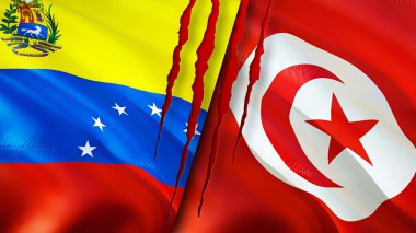 Venezuela ve Tunus bayrakları yara izi konseptiyle. Dalgalanan bayrak, 3 boyutlu görüntüleme. Venezuela ve Tunus çatışma konsepti. Venezuela Tunus ilişkileri kavramı. Venezuela ve Tunus bayrağı krizi, savaş, attac