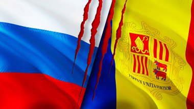 Rusya ve Andorra yara izi kavramına sahip bayraklar. Dalgalanan bayrak, 3 boyutlu görüntüleme. Rusya ve Andorra çatışma konsepti. Rusya Andorra ilişkileri kavramı. Rusya bayrağı ve Andorra krizi, savaş, saldırı konsepti
