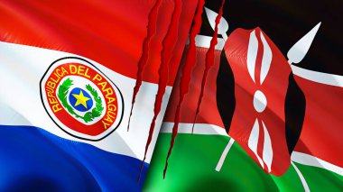 Paraguay ve Kenya bayraklarında yara izi var. Dalgalanan bayrak, 3 boyutlu görüntüleme. Paraguay ve Kenya çatışma konsepti. Paraguay Kenya ilişkileri kavramı. Paraguay bayrağı ve Kenya krizi, savaş, saldırı konsepti
