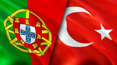 Portekiz ve Türkiye bayrakları. 3 boyutlu dalgalanan bayrak tasarımı. Portekiz hindi bayrağı, resim, duvar kağıdı. Portekiz, Türkiye 'ye karşı, görüntü 3 boyutlu. Portekiz Türkiye ilişkileri ittifak ve ticaret, seyahat, turizm konsepti