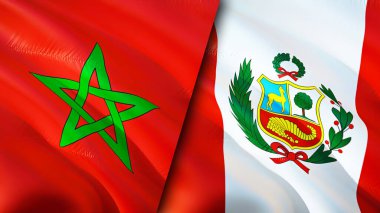 Fas ve Peru bayrakları. 3 boyutlu dalgalanan bayrak tasarımı. Fas Peru bayrağı, resim, duvar kağıdı. Fas, Peru 'ya karşı, görüntü 3 boyutlu. Fas Peru ilişkileri ittifak ve ticaret, seyahat, turizm konsepti
