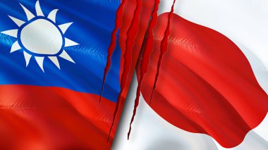 Tayvan ve Japonya yara izi olan bayraklar. Dalgalanan bayrak, 3 boyutlu görüntüleme. Tayvan ve Japonya çatışma konsepti. Tayvan Japonya ilişkileri kavramı. Tayvan bayrağı ve Japonya krizi, savaş, saldırı konsepti