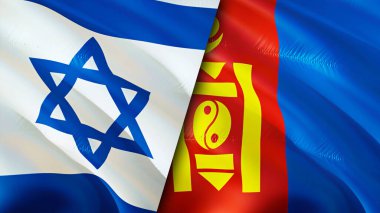 İsrail ve Moğolistan bayrakları. 3 boyutlu dalgalanan bayrak tasarımı. İsrail Moğolistan bayrağı, resim, duvar kağıdı. İsrail, Moğolistan 'a karşı, görüntü 3 boyutlu. İsrail Moğolistan ilişkileri ittifak ve ticaret, seyahat, turizm konsepti