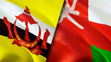 Brunei ve Umman bayrakları. 3 boyutlu dalgalanan bayrak tasarımı. Brunei Umman bayrağı, resim, duvar kağıdı. Brunei, Umman 'a karşı, görüntü 3 boyutlu. Brunei Umman ilişkileri ittifak ve ticaret, seyahat, turizm konsepti