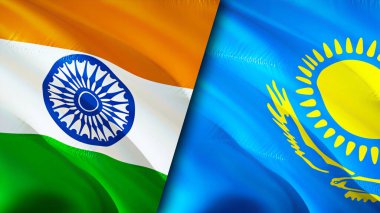 Hindistan ve Kazakistan bayrakları. 3 boyutlu dalgalanan bayrak tasarımı. Hindistan Kazakistan bayrağı, resim, duvar kağıdı. Hindistan Kazakistan 'a karşı, görüntü 3 boyutlu. Hindistan Kazakistan ilişkileri ittifak ve ticaret, seyahat, turnuva