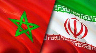 Fas ve İran bayrakları. 3 boyutlu dalgalanan bayrak tasarımı. Fas İran bayrağı, resim, duvar kağıdı. Fas, İran 'a karşı imajı, 3 boyutlu görüntüleme. Fas İran ilişkileri ittifak ve ticaret, seyahat, turizm konsepti