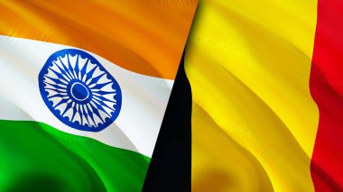 Hindistan ve Belçika bayrakları. 3 boyutlu dalgalanan bayrak tasarımı. Hindistan Belçika bayrağı, resim, duvar kağıdı. Hindistan, Belçika 'ya karşı, görüntü 3 boyutlu. Hindistan Belçika ilişkileri ittifak ve ticaret, seyahat, turizm konsepti