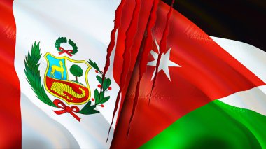 Yara izi olan Peru ve Ürdün bayrakları. Dalgalanan bayrak, 3 boyutlu görüntüleme. Peru ve Jordan çatışma konsepti. Peru Jordan ilişkileri kavramı. Peru ve Ürdün bayrağı krizi, savaş, saldırı konsepti