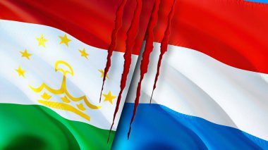 Tacikistan ve Lüksemburg bayrakları ve yara izi konsepti. Dalgalanan bayrak, 3 boyutlu görüntüleme. Tacikistan ve Lüksemburg çatışma konsepti. Tacikistan Lüksemburg ilişkileri kavramı. Tacikistan ve Lüksemburg bayrağı