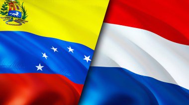 Venezuela ve Hollanda bayrakları. 3 boyutlu dalgalanan bayrak tasarımı. Venezuela Hollanda bayrağı, resim, duvar kağıdı. Venezuela Hollanda 'ya karşı, görüntü 3 boyutlu. Venezuela Hollanda İlişkiler Birliği