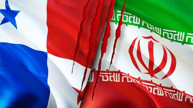 Panama ve İran yara izi konseptine sahip bayraklar. Dalgalanan bayrak, 3 boyutlu görüntüleme. Panama ve İran çatışma konsepti. Panama İran ilişkileri kavramı. Panama ve İran bayrağı krizi, savaş, saldırı konsepti