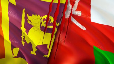Sri Lanka ve Umman yara izi olan bayraklar. Dalgalanan bayrak, 3 boyutlu görüntüleme. Sri Lanka ve Umman çatışma konsepti. Sri Lanka Umman ilişkileri kavramı. Sri Lanka bayrağı ve Umman krizi, savaş, saldırı konsepti