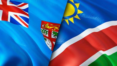 Fiji ve Namibya bayrakları. 3 boyutlu dalgalanan bayrak tasarımı. Fiji Namibya bayrağı, resim, duvar kağıdı. Fiji, Namibya 'ya karşı, görüntü 3 boyutlu. Fiji Namibya ilişkileri ittifak ve ticaret, seyahat, turizm konsepti