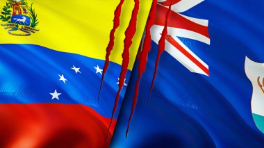 Venezuela ve Anguilla yara izi olan bayraklar. Dalgalanan bayrak, 3 boyutlu görüntüleme. Venezuela ve Anguilla çatışma konsepti. Venezuela Anguilla ilişkileri kavramı. Venezuela bayrağı ve Anguilla krizi, savaş