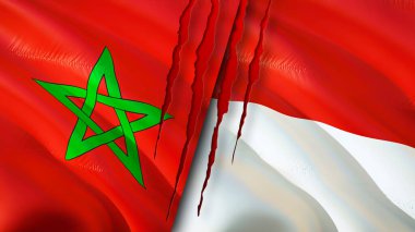 Fas ve Endonezya bayraklarında yara izi var. Dalgalanan bayrak, 3 boyutlu görüntüleme. Fas ve Endonezya çatışma konsepti. Fas Endonezya ilişkileri konsepti. Fas bayrağı ve Endonezya krizi, savaş, attac