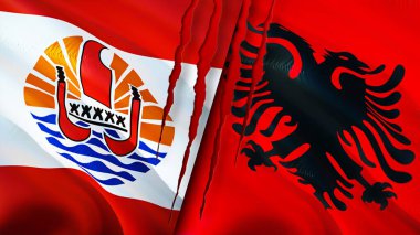 Fransız Polinezyası ve Arnavutluk yara izi kavramına bayrak dikti. Dalgalanan bayrak, 3 boyutlu görüntüleme. Fransız Polinezyası ve Arnavutluk çatışma konsepti. Fransız Polinezyası Arnavutluk ilişkileri kavramı. Fransız Polynesi bayrağı