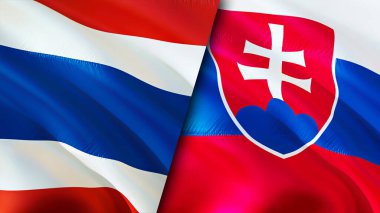 Tayland ve Slovakya bayrakları. 3 boyutlu dalgalanan bayrak tasarımı. Tayland Slovakya bayrağı, resim, duvar kağıdı. Tayland, Slovakya 'ya karşı, görüntü 3 boyutlu. Tayland Slovakya ilişkileri ittifak ve ticaret, seyahat, turnuva