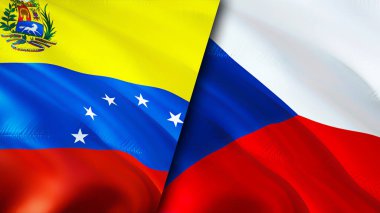 Venezuela ve Çek bayrakları. 3 boyutlu dalgalanan bayrak tasarımı. Venezuela Çek bayrağı, resim, duvar kağıdı. Venezuela, Çek imajına karşı, 3 boyutlu görüntüleme. Venezuela Çek İlişkileri İttifak ve Ticaret, Seyahat, Turizm Konsepti