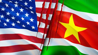 ABD ve Surinam bayraklarında yara izi var. Dalgalanan bayrak, 3 boyutlu görüntüleme. ABD ve Surinam çatışması konsepti. ABD Surinam ilişkileri kavramı. ABD bayrağı ve Surinam krizi, savaş, saldırı konsepti