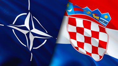 NATO ve Hırvatistan bayrakları. 3 boyutlu dalgalanan bayrak tasarımı. Hırvatistan NATO bayrağı, resim, duvar kağıdı. NATO, Hırvatistan 'a karşı imaj, 3D görüntüleme. NATO Hırvatistan ilişkileri ittifak ve Ticaret, seyahat ve turizm kavramları