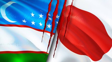 Özbekistan ve Japonya yara izi kavramına sahip bayraklar. Dalgalanan bayrak, 3 boyutlu görüntüleme. Özbekistan ve Japonya çatışma konsepti. Özbekistan Japonya ilişkileri kavramı. Özbekistan bayrağı ve Japonya krizi, savaş, attac