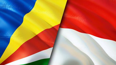 Seyşeller ve Endonezya bayrakları. 3 boyutlu dalgalanan bayrak tasarımı. Seyşeller Endonezya bayrağı, resim, duvar kağıdı. Seyşeller, Endonezya 'ya karşı. Görüntü 3 boyutlu. Seyşeller ve Endonezya ilişkileri