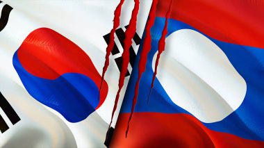Güney Kore ve Laos bayraklarında yara izi var. Dalgalanan bayrak, 3 boyutlu görüntüleme. Güney Kore ve Laos çatışma konsepti. Güney Kore Laos ilişkileri kavramı. Güney Kore bayrağı ve Laos krizi, savaş, attac