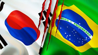 Güney Kore ve Brezilya bayraklarında yara izi var. Dalgalanan bayrak, 3 boyutlu görüntüleme. Güney Kore ve Brezilya çatışma konsepti. Güney Kore Brezilya ilişkileri kavramı. Güney Kore bayrağı ve Brezilya krizi, savaş