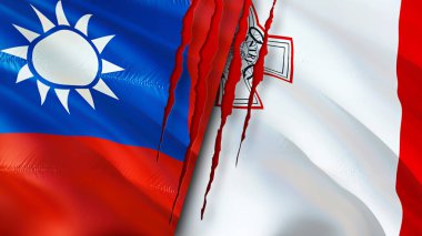 Yara izi olan Tayvan ve Malta bayrakları. Dalgalanan bayrak, 3 boyutlu görüntüleme. Tayvan ve Malta çatışma konsepti. Tayvan Malta ilişkileri kavramı. Tayvan bayrağı ve Malta krizi, savaş, saldırı konsepti