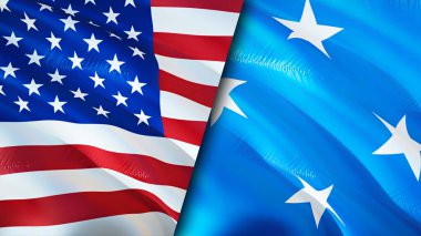ABD ve Mikronezya bayrakları. 3 boyutlu dalgalanan bayrak tasarımı. ABD Mikronezya bayrağı, resim, duvar kağıdı. ABD, Mikronezya 'ya karşı, görüntü 3 boyutlu. ABD Mikronezya ilişkileri ittifak ve ticaret, seyahat, turizm konsepti