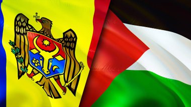 Moldova ve Filistin bayrakları. 3 boyutlu dalgalanan bayrak tasarımı. Moldova Filistin bayrağı, resim, duvar kağıdı. Moldova, Filistin imajına karşı, 3D görüntüleme. Moldova Filistin ilişkileri ittifak ve ticaret, seyahat, turnuva
