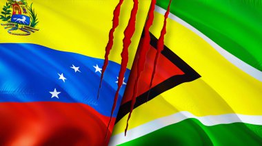 Venezuela ve Guyana yara izi olan bayraklar. Dalgalanan bayrak, 3 boyutlu görüntüleme. Venezuela ve Guyana çatışma konsepti. Venezuela Guyana ilişkileri kavramı. Venezuela bayrağı ve Guyana krizi, savaş, attac