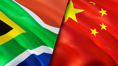 Güney Afrika ve Çin bayrakları. 3 boyutlu dalgalanan bayrak tasarımı. Güney Afrika Çin bayrağı, resim, duvar kağıdı. Güney Afrika, Çin 'e karşı, görüntü 3 boyutlu. Güney Afrika Çin ilişkileri