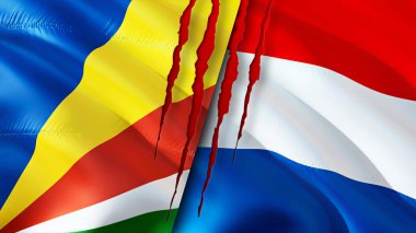 Seyşeller ve Hollanda yara izi olan bayraklar. Dalgalanan bayrak, 3 boyutlu görüntüleme. Seyşeller ve Hollanda çatışma konsepti. Seyşeller Hollanda ilişkileri kavramı. Seyşeller bayrağı
