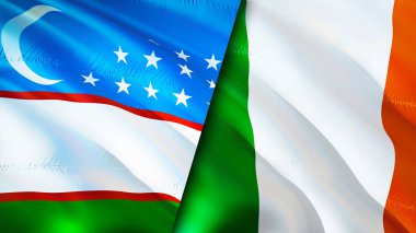 Özbekistan ve İrlanda bayrakları. 3 boyutlu dalgalanan bayrak tasarımı. Özbekistan İrlanda bayrağı, resim, duvar kağıdı. Özbekistan, İrlanda imajına karşı, 3D görüntüleme. Özbekistan İrlanda ilişkileri bir