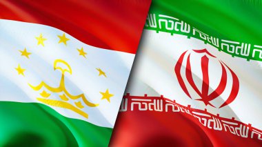 Tacikistan ve İran bayrakları. 3 boyutlu dalgalanan bayrak tasarımı. Tacikistan İran bayrağı, resim, duvar kağıdı. Tacikistan, İran imajına karşı, 3D görüntüleme. Tacikistan İran ilişkileri ittifak ve ticaret, seyahat, turizm konsepti