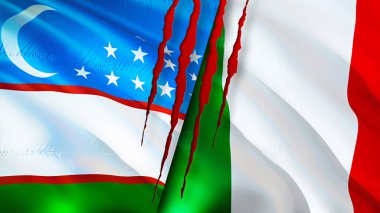 Özbekistan ve İtalya yara izi kavramına sahip bayraklar. Dalgalanan bayrak, 3 boyutlu görüntüleme. Özbekistan ve İtalya ihtilaf kavramı. Özbekistan İtalya ilişkileri kavramı. Özbekistan bayrağı ve İtalya krizi, savaş, attac
