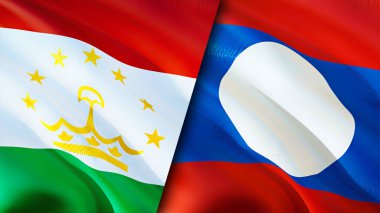 Tacikistan ve Laos bayrakları. 3 boyutlu dalgalanan bayrak tasarımı. Tacikistan Laos bayrağı, resim, duvar kağıdı. Tacikistan, Laos 'a karşı, görüntü 3 boyutlu. Tacikistan Laos ilişkileri ittifak ve ticaret, seyahat, turizm konsepti