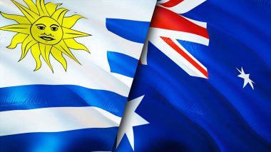 Uruguay ve Avustralya bayrakları. 3 boyutlu dalgalanan bayrak tasarımı. Uruguay Avustralya bayrağı, resim, duvar kağıdı. Uruguay Avustralya 'ya karşı, görüntü 3 boyutlu. Uruguay Avustralya ilişkileri ittifak ve ticaret, seyahat, turnuva