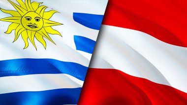 Uruguay ve Avusturya bayrakları. 3 boyutlu dalgalanan bayrak tasarımı. Uruguay Avusturya bayrağı, resim, duvar kağıdı. Uruguay Avusturya 'ya karşı, görüntü 3 boyutlu. Uruguay Avusturya ilişkileri ittifak ve ticaret, seyahat, turizm konsepti