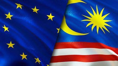 Avrupa Birliği ve Malezya bayrakları. 3 boyutlu dalgalanan bayrak tasarımı. Avrupa Birliği Malezya bayrağı, resim, duvar kağıdı. Avrupa Birliği, Malezya imajına karşı, 3D görüntüleme. Avrupa Birliği Malezya ilişkileri ittifak