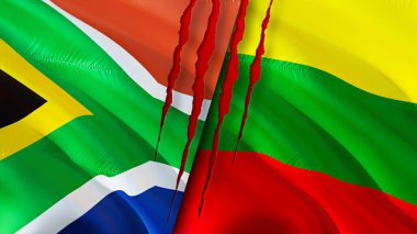 Güney Afrika ve Litvanya yara izi olan bayraklar. Dalgalanan bayrak, 3 boyutlu görüntüleme. Güney Afrika ve Litvanya çatışma konsepti. Güney Afrika Litvanya ilişkileri kavramı. Güney Afrika bayrağı