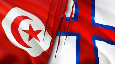 Tunus ve Faroe Adaları yara izi olan bayraklar. Dalgalanan bayrak, 3 boyutlu görüntüleme. Tunus ve Faroe Adaları çatışma konsepti. Tunus Faroe Adaları ilişkileri kavramı. Tunus ve Faroe Adaları bayrağı