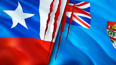 Yara izi olan Şili ve Fiji bayrakları. Dalgalanan bayrak, 3 boyutlu görüntüleme. Şili ve Fiji çatışma konsepti. Şili Fiji ilişkileri kavramı. Şili ve Fiji bayrağı krizi, savaş, saldırı konsepti