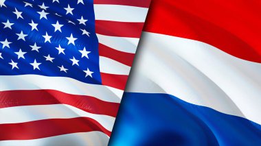 ABD ve Hollanda bayrakları. 3 boyutlu dalgalanan bayrak tasarımı. ABD bayrağı, resim, duvar kağıdı. ABD, Hollanda 'ya karşı, görüntü 3D. ABD Hollanda ilişkileri ittifak ve ticaret, seyahat, turizm konsepti