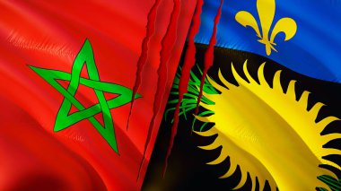 Fas ve Guadeloupe bayrakları ve yara izi konsepti. Dalgalanan bayrak, 3 boyutlu görüntüleme. Fas ve Guadeloupe çatışma konsepti. Fas Guadeloupe ilişkileri kavramı. Fas bayrağı ve Guadeloupe krizi, savaş